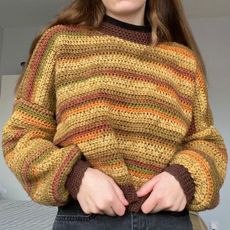 Stripped Crochet Patterns, Crochet Grampa Sweater, Fall Sweater Colors, Crochet Sweater Fall Colors, Autumn Crochet Outfit, Crochet Yellow Sweater, Autumn Cardigan Crochet, Stripped Sweater Crochet, Multi Colored Crochet Sweater