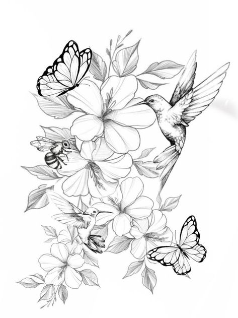 Floral Tattoo Designs For Women Shoulder, Hummingbird Tattoo With Lilies, Line Art Tattoos Flower, 2 Hummingbirds Tattoo, Bird With Flowers Tattoo, Big Thigh Tattoos For Women, Floral Butterfly Tattoo Design, Flower Arm Sleeve Tattoo, Hummingbird Sleeve Tattoo