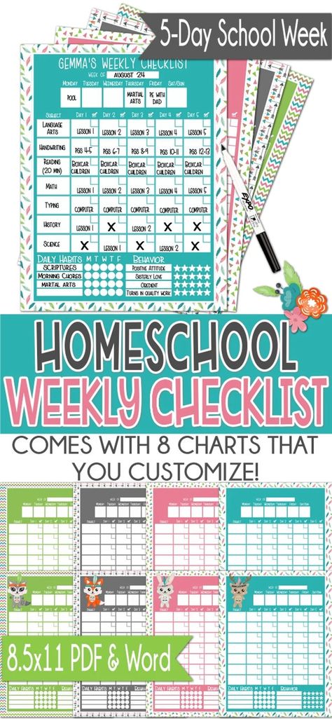 5 Day Homeschool Weekly Checklist Editable Homeschool - Etsy | Printable Planner by  Frances Mullen Homeschool Student Checklist, Homeschool Room Ideas At Home, Diy Homeschool Room, Minimalist Homeschool Room, Home School Organization, Homeschool Essentials, Homeschool Checklist, Homemaking Binder, Weekly Checklist