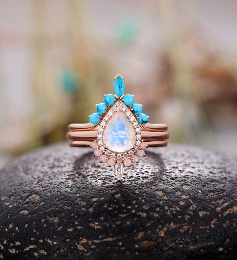 Rose Quartz Ring Engagement, Turquoise Wedding Band, Moonstone Engagement Ring Set, Opal Wedding Band, Wedding Rings Photos, Pear Shaped Engagement Rings, Half Eternity Wedding Band, Turquoise Wedding, Moonstone Engagement