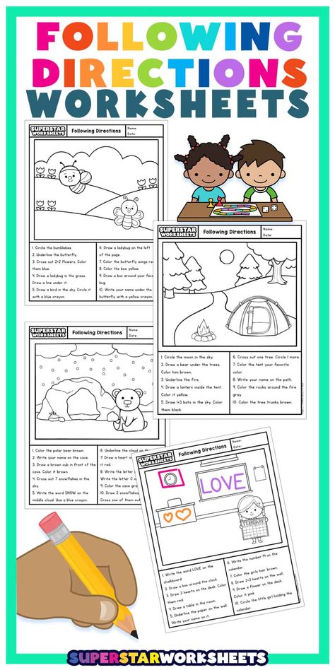 Pre K Following Directions Activities, Following Multistep Directions Activity, Listening Worksheets Free Printable, Listen And Color Following Directions, Kindergarten Following Directions Worksheet, Fun Worksheets For 1st Grade, Follow Directions Worksheet Free, Read And Draw Worksheets Free Printable, Listen And Draw Following Directions