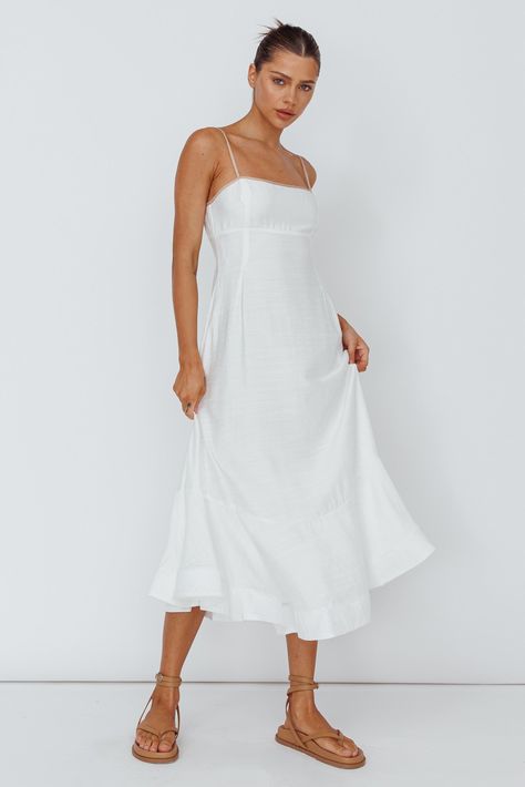 Noni Cami Strap Swing Midi Dress White White Summer Midi Dress, Midi Dress White, Yellow Bridesmaid Dresses, Yellow Bridesmaids, Picnic Date, White Midi, Feminine Silhouette, Lace Bodycon Dress, Date Night Dresses