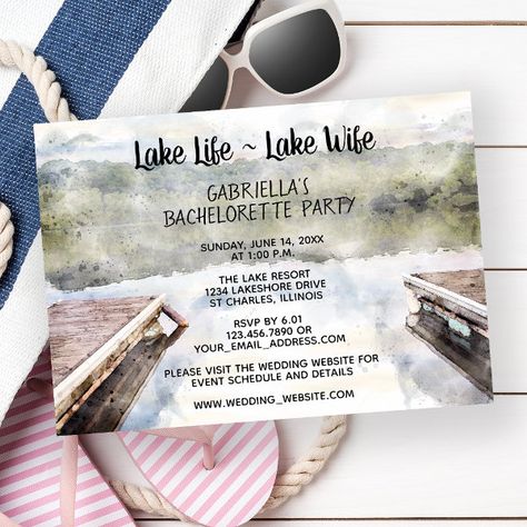 Lake Life - Lake Wife Boat Dock Bachelorette Party Invitation Lake Wife Bachelorette Party, Lake Day Bachelorette Party, Bachelor Ideas, Lake Bachelorette Party, Bachelorette Party Lake, Lake Theme, Boat Docks, Party Boat, Scenic Nature