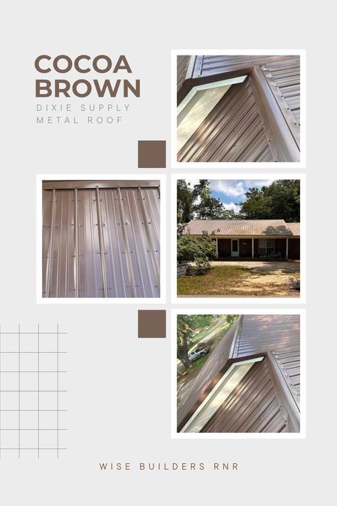 Dixie Supply Metal Roof in the color Cocoa Brown. Showcased on a home with white siding and accessories.🏡 Brown Metal Roof, White Siding, Brown Roof, Roof Siding, Metal Roofing, Cabin Living, Cocoa Brown, House Paint Exterior, House Paint