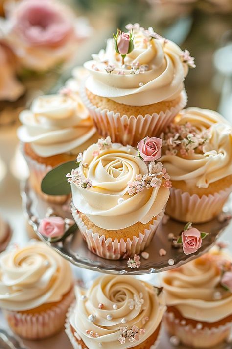 A tiered stand displays elegantly decorated cupcakes with ivory frosting swirled like roses, each topped with tiny pink flowers and sugar pearls, creating a delicate, floral-themed presentation. Wedding Cake Cups, Cute Wedding Cupcakes, Small Cake With Cupcakes Wedding, Cupcake Centerpieces Wedding, How To Display Cupcakes At A Wedding, Wedding Cupcakes And Small Cake, Wedding Flower Cupcakes, Bridal Cupcakes Ideas, Floral Wedding Cupcakes