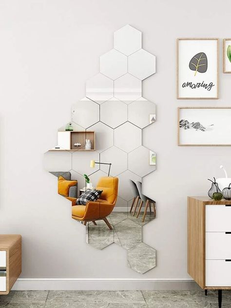 Hexagon Mirror Wall Decor, Honeycomb Mirror, 3d Mirror Wall Stickers, Hexagon Mirror, Wall Mural Decals, Spiegel Design, Design Mirror, Mirror Stickers, Hexagon Design