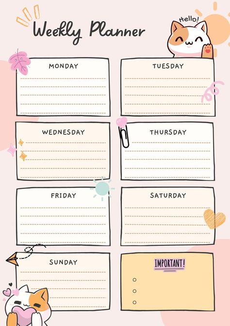 This adorable weekly planner is perfect for keeping track of your busy life. The cute illustrations and fun colors will make you smile every time you use it. And the printable PDF format means you can easily customize it to fit your needs. Get yours today!

Available in 8 different Weekly Planner Drawing Ideas, Cute Weekly Planner Template, Hello Printable, Weekly Planner Ideas, Cat Planner, Best Weekly Planner, Weekly Planner Print, Daily Planner Printables Free, Weekly Planner Free Printable