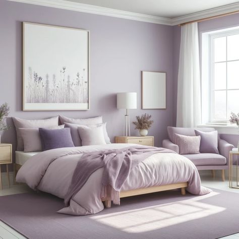 Light Purple Bedroom Walls, Purple Wall Bedroom, Light Purple Bedroom, Lilac Bedroom Ideas, Bedroom Colour Schemes, Violet Bedroom, Apartment Updates, Lilac Room, Calming Bedroom Colors