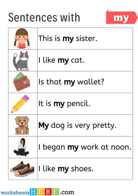 Simple Sentences Worksheet, Sentence Building Worksheets, Kids Worksheet, Silly Sentences, Possessive Adjectives, Sentence Building, Worksheets For Preschool, My Wallet, Esl Lessons