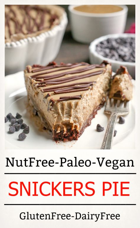 This Nut-Free Paleo Vegan Snickers Pie is an easy no-bake dessert and incredibly delicious! A chewy chocolate crust, creamy caramel layer and soft SunButter mousse. It's gluten free, dairy free, and naturally sweetened. #paleo #glutenfree #dairyfree #paleopie #healthyrecipe | realfoodwithjessica.com via @realfoodwithjessica Nut Free Paleo, Snickers Pie, Paleo Pie, Vegan Snickers, Chocolate Crust, Creamy Caramel, Paleo Recipes Easy, Keto Brownies, Easy No Bake Desserts