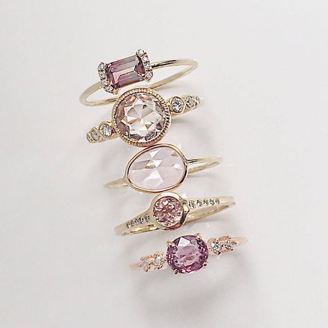 Hues of soft pink accented with just the right amount of diamonds. From top: PS Ring with Pink Tourmaline, Aurora with Morganite, Pink Sapphire Slice, Caldera with Pink Tourmaline, Pascale with Pink... Tas Lv, Vale Jewelry, Pinterest Jewelry, Kay Jewelry, Fake Jewelry, Silver Jewellery Indian, Designer Fashion Jewelry, Best Jewelry Stores, Diy Schmuck