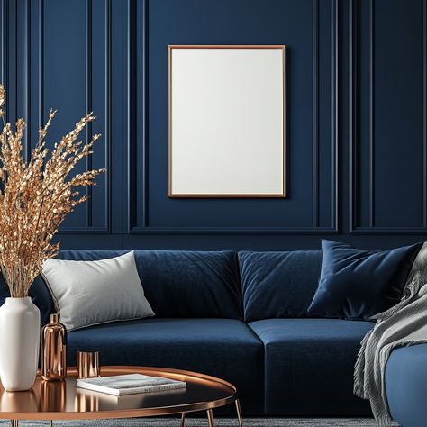 Mockup Frame Cozy Living Room Navy Blue Copper Theme Home Decor Navy Sofa Living Room Ideas, Blue And Copper Living Room, Living Room Navy Blue, Modern Art Deco Living Room, Navy Sofa Living Room, Living Room Navy, Copper Room, Sofa Living Room Ideas, Copper Living Room