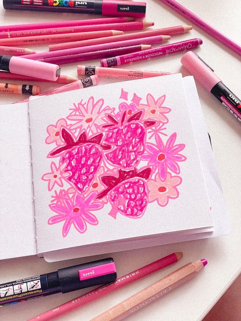 my all pink sketchbook 💗🎀🦩 Pink Artist Aesthetic, Pink Sketchbook Page, Sketchbook Ideas Flowers, Colourful Sketchbook, Flower Sketchbook, Pink Sketchbook, Pink Sketch, Paint Sketchbook, Pink Drawing