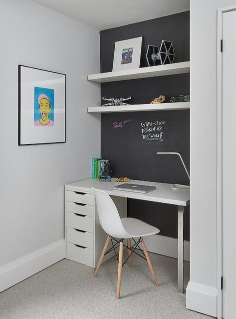 Study Space Ideas In Bedroom, Study Space Ideas, White Desk Bedroom, Kids Homework Room, Kids Study Room, Shelves Above Desk, White Kids Desk, Kids Study Spaces, Kids Study Area