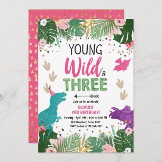 Pink & Gold Dinosaur Safari Birthday Invitation | Zazzle.com Third Birthday Girl, Girl Dinosaur Birthday, Two Wild, Dinosaur Birthday Invitations, Pink Dinosaur, 2nd Birthday Invitations, Girl 2nd Birthday, Dino Birthday, Fourth Birthday