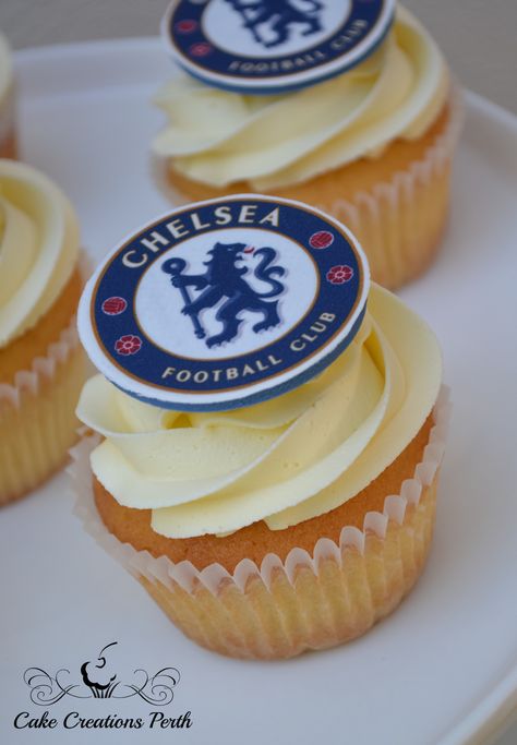 Chelsea FC Cupcakes Chelsea Cupcakes, Chelsea Team, Cute Baking, Chelsea Football Club, Chelsea Football, Themed Cupcakes, Chelsea Fc, Cake Creations, Mini Cakes