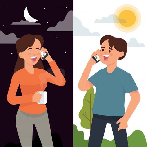 Couple having phone call in different ti... | Premium Vector #Freepik #vector #coffee #people #heart #love Call Couple, Time Vector, Eagle Pictures, Phone Cover Design, Photo To Cartoon, Snacks For Diabetics, Call Art, Healthy Snacks For Diabetics, Pictures Of People