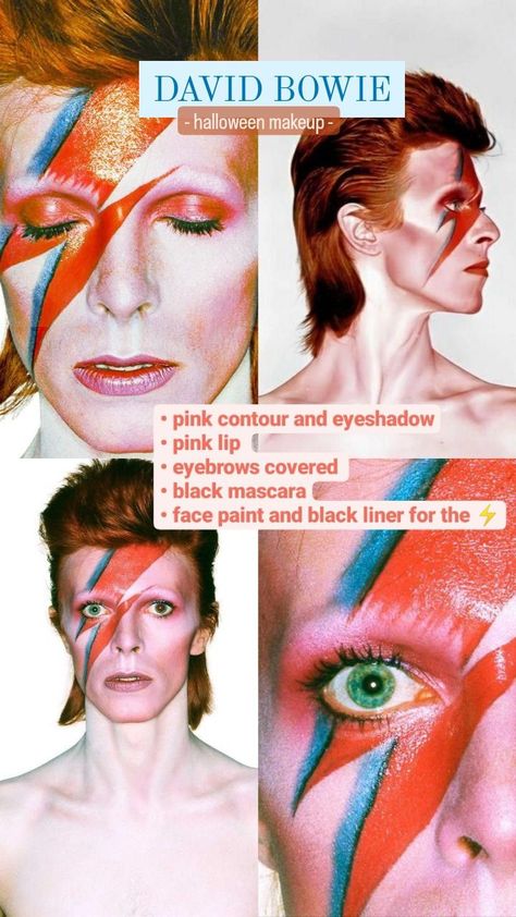 David Bowie Most Iconic Looks, Freddie Mercury Makeup Inspired, David Bowie Face Paint, David Bowie Fancy Dress, Costume 2023 Ideas, Ziggy Stardust Costume Women, Ziggy Stardust Halloween Costume, Diy David Bowie Costume, David Bowie Halloween Costume Ziggy Stardust