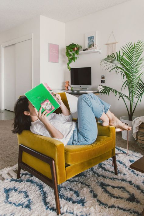 Living Room Tour — arielle vey | photography Glitter Room, Gold Chair, Yellow Chair, Living Room Update, Living Room Loft, Chair Bed, Trik Fotografi, Comfy Chairs, Room Tour