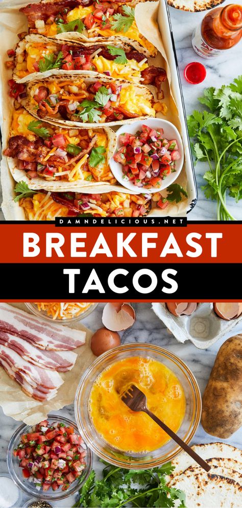 Get ready for this easy school breakfast idea! Made with bacon, potatoes, eggs, and your favorite toppings, this breakfast taco recipe is delicious. Your family will love these breakfast wraps! Put this taco idea on your back-to-school food! Egg Breakfast Tacos, Bacon Egg Breakfast, Breakfast Tacos Recipe, Bacon Potatoes, Bacon Eggs Breakfast, Camping Breakfast, Breakfast Platter, Mexican Breakfast, Bacon Eggs