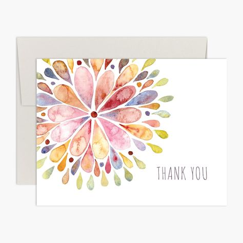 Watercolor Flower Burst Thank You Card - Etsy UK Painted Cards Handmade, Thank You Watercolor, Watercolour Thank You Cards, Thank You Card Watercolor, Printing Ideas Design, Watercolour Cards Simple, Watercolor Cards Ideas Simple, Water Colour Cards, Thank You Card