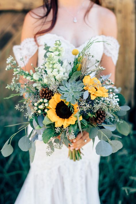 sunflower bouquet with pinecones Greenery Wedding Bouquet, Succulent Bouquet Wedding, Cascading Wedding Bouquets, Sunflower Wedding Bouquet, Yellow Bouquets, Sunflower Bouquets, White Wedding Bouquets, Fall Wedding Bouquets, Succulent Wedding