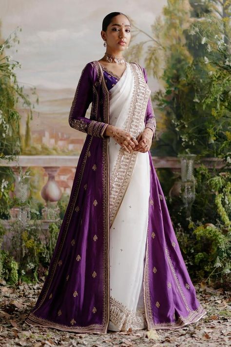 Ivory Lehenga, White Sari, Saree Jacket Designs, Jacket Lehenga, Saree Jackets, Desi Clothes, Aari Embroidery, Purple Jacket, Indian Dress