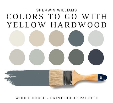 Sherwin Williams Best Neutrals for YELLOW Oak, PINE & HONEY Oak Hardwood, Yellow Oak Stain, Oak Wood Colors, Whole House Paint Color Palette - Etsy Colors That Go With Mahogany Wood, Cherry Wood Floors Color Schemes, Sherwin Williams Yellow, Honey Oak Trim, Whole House Color Scheme, Material Color Palette, Best Wall Colors, Honey Oak Cabinets, Pine Trim