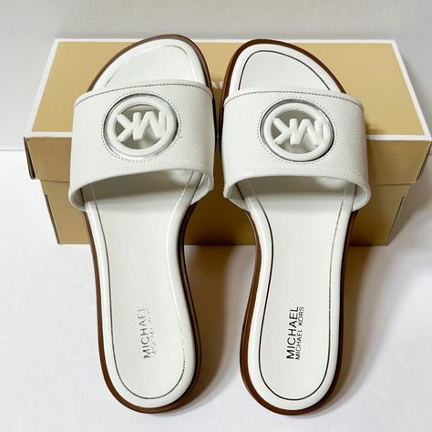 New In Box Deanna Cutout Tumbled Leather Slide Sandal Size 7m 100% Authentic Very Clean, Smoke & Pet Free Environment. Girly Slippers, Michael Kors Flats, Michael Kors Sandals, Leather Slide Sandals, Leather Slides, Michael Kors Shoes, Tumbling, Slide Sandals, Nice Shoes