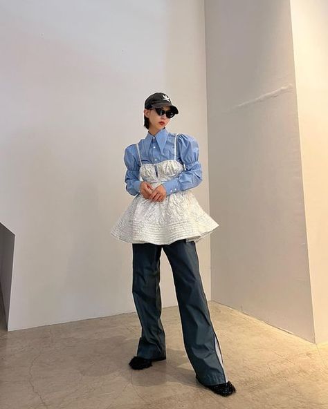 Sawamura Madoka on Instagram: "- #litmus #litmuslitmuslitmus blue 💙" Dress Over Pants Korean, Dress With Pants Outfit, Dress Over Pants Outfits, Blue Outfit Korean, Dresses With Pants, Dress And Pants Outfit, Blue Dress Outfit, Blue Ootd, Dress With Pants