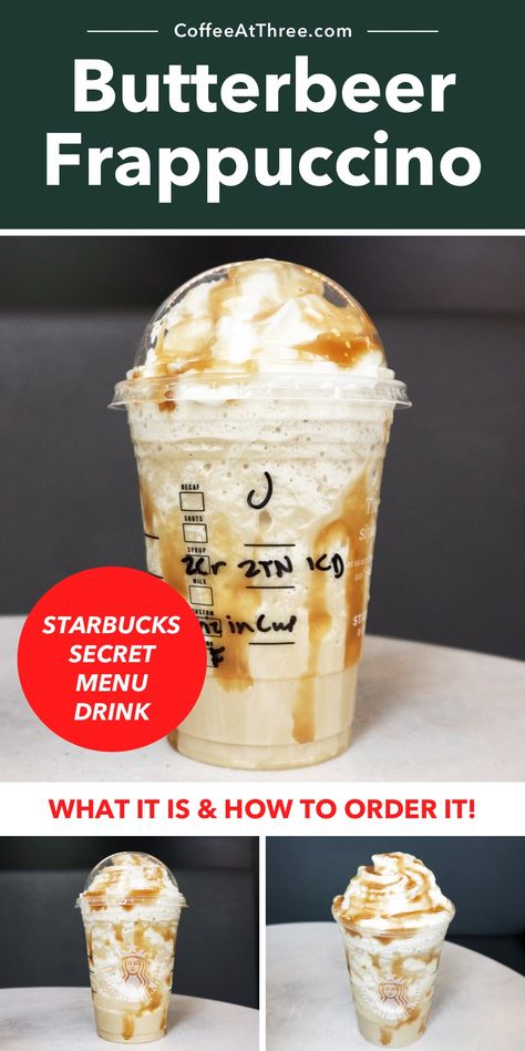 Starbucks Recipes Butterbeer, Starbucks Drinks Butterbeer, Frappuccino Starbucks Order, Starbucks Butterbeer Recipe, Starbucks Secret Menu Drinks Frappuccino, Starbucks Frozen Drinks, Starbucks Frappuccino Orders, Starbucks Drinks Frappuccino, Frappuccino Recipes