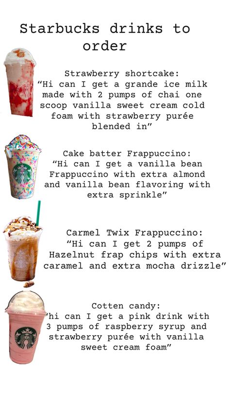 Starbucks Drinks To Order, Starbucks Copycat Recipes Drinks, Starbucks Flavors, Starbucks Drink Menu, Starbucks Secret Menu Recipes, Fun Drink Recipe, Starbucks Drinks Diy, Secret Starbucks Recipes, Iced Starbucks Drinks