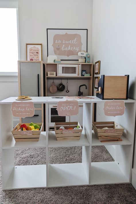 Play Kitchen In Kitchen, Grocery Play Area, Working Play Kitchen, Pretend Play Playroom Ideas, Playroom Pretend Play Area, Play Kitchen Remodel, Play Kitchen Set Up Ideas, Pretend Play Playroom, Playroom Kitchen Ideas