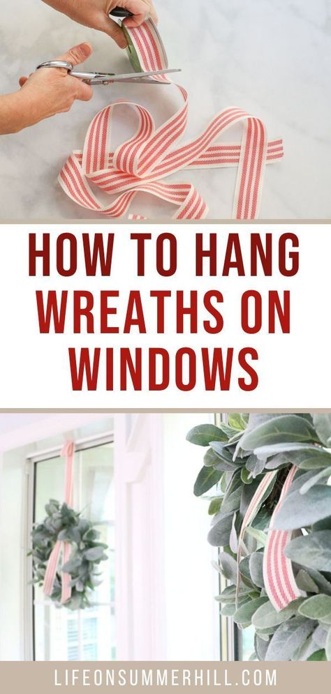 Wreath Over Art, Outdoor Christmas Window Wreath Ideas, Hanging A Wreath Over A Picture, Diy Window Wreath Christmas, Christmas Wreaths On Windows Indoor, Kitchen Window Wreaths Indoor, Wreaths On Stair Railing, Hanging Christmas Wreaths On Windows, Small Christmas Wreaths For Windows