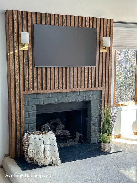 Wood Slat Fireplace, Slat Fireplace, Wood Fireplace Surrounds, Fireplace Feature Wall, Diy Fireplace Makeover, Slate Fireplace, Wooden Fireplace, Brick Fireplace Makeover, Wood Slat Wall