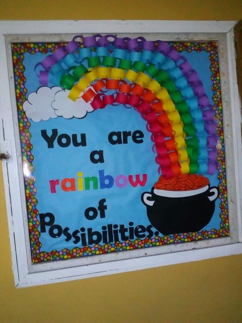 You are a rainbow of possibilities. Rainbow Of Possibilities Bulletin Board, Rainbow Bulletin Board Ideas, Daycare Wall Ideas, Lunch Poster, Blackboard Decoration, Classroom Rainbow, Rainbow Of Possibilities, Rainbow Bulletin Boards, Elementary Bulletin Boards