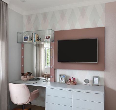 Vanity Panel from @vees_interior_decor Bedroom Tv Wall With Vanity, Vanity Built Into Wall, Tv Over Vanity In Bedroom, Tv Above Vanity, Vanity Under Tv, Vanity And Tv In Bedroom, Tv Over Desk In Bedroom, Room With Vanity Ideas, Bedroom With Tv