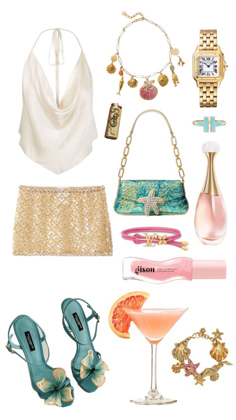 #dolcegabanna #dolceandgabbana #grapefruitcocktail #dior #gisou #louisvuitton #shells #gold #tiffanyandco Beach Night Outfit, Beach Resort Outfits, Ibiza Outfits, Girl Fashion Style, Clubbing Outfits, Fashion Design Collection, Trip Outfits, Effortlessly Chic Outfits, Crystal Tiaras