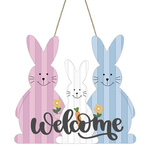 PRICES MAY VARY. Fresh and Cute Design: Easter bunny door decoration design is 3 cute bunnies, respectively pink, white and blue, a happy family of three, with carrots and flowers in hand, and printed with the word "Welcome", to celebrate the arrival Easter, is a very suitable decoration for Easter. Suitable Size: The Easter bunny welcome sign door decor measures 12 x 10.6 inches and comes with linen rope for easy hanging. You can hang it anywhere you like to decorate your home, meet your daily Easter Bunny Door Decoration, Easter Door Decorations, Hanging Welcome Sign, Easter Wreaths For Front Door, Easter Bunny Decor, Sign For Front Door, Easter Door Decor, Door Porch, Front Door Porch