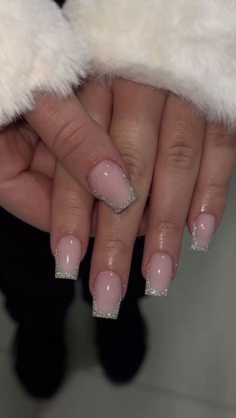 Short Nails With Glitter Tips, Pink Nails With Silver Tips, Short French Glitter Nails, Glittered French Tips, Short Nails Glitter French, French Nails And Glitter, Glitter French Tips Short Square, Nail Ideas Silver Glitter, Short French Nails With Glitter