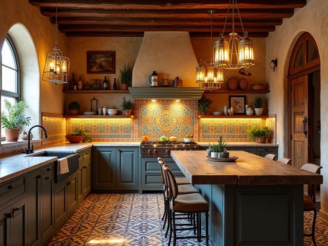 11+ Moroccan-Style Kitchen with Ornate Tiles - Dear Adam Smith Indian Interior Design Kitchen, Arab Kitchen, Moroccan Style Kitchen, Arabic Kitchen, Rustic Cabin Kitchen, Mission Style Kitchens, French Provincial Kitchen, Boho Style Living, Moroccan Kitchen