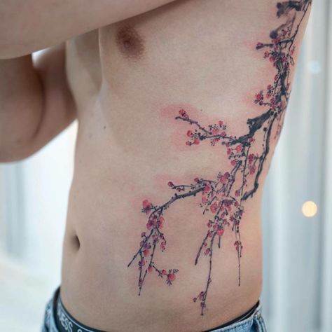 Cherry Blossom Tattoo Men, Japanese Tattoo Cherry Blossom, Plum Blossom Tattoo, Cherry Blossom Tattoo Shoulder, Red Flower Tattoos, Ankle Tattoo Ideas, Tree Tattoo Back, Rib Tattoos For Guys, Cherry Tattoo