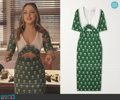 Fallon’s green floral cutout dress on Dynasty. Outfit Details: https://wornontv.net/276021/ %23Dynasty Dynasty Kirby Outfits, Dynasty Kirby, Dynasty Season 5, Dynasty Fallon, Dynasty Fashion, Dynasty Outfits, Dynasty Clothing, Fallon Carrington, Worn On Tv