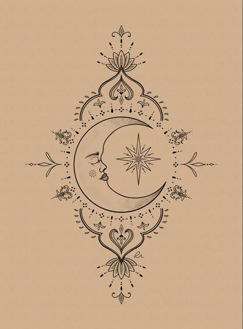 Ornamental moon tattoo design by Rachell Michelle Sun Moon Ornamental Tattoo, Pretty Chest Tattoos For Women, Ornamental Celestial Tattoo, Celestial Mandala Tattoo, Celestial Chest Tattoo Female, Sun Moon Mandala Tattoo, Moon Ornamental Tattoo, Boho Moon Tattoo, Moon Tattoo Designs Goddesses