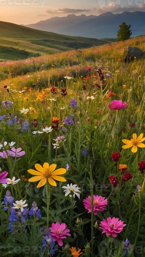 AI generated Wildflower Wonderland  Meadow Bursting with Colorful Blooms Spa Mural, Tree In Meadow, Forest And Flowers, Wildflowers Aesthetic, Ontario Wildflowers, Meadow With Flowers, Wild Flower Field, Mom Painting, Wild Flower Garden