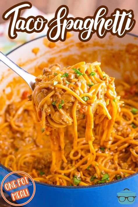 One Pot Taco Spaghetti, Easy Taco Seasoning Recipe, Cheesy Pasta Recipes, Spaghetti Ingredients, Taco Spaghetti, Taco Pasta, One Skillet Meals, Country Cook, The Country Cook