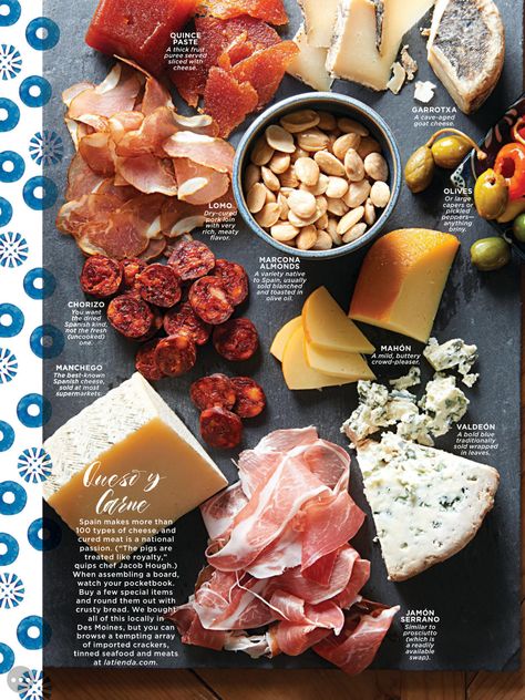 Spanish Charcuterie Board Spanish Board Food, Spanish Tapas Charcuterie Board, Spain Charcuterie Board, Restaurant Charcuterie Board, Spanish Style Recipes, Tapas Charcuterie Board, Spanish Charcuterie Board Ideas, Spanish Cheese Board, International Charcuterie Board