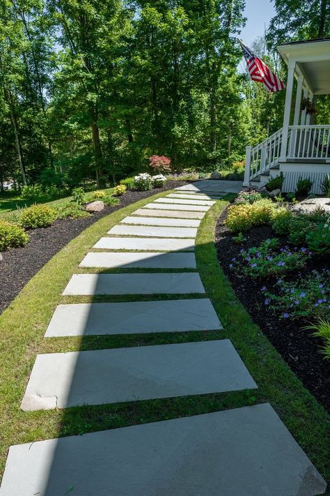 Goshen Ny, Bluestone Walkway, Stone Backyard, Stepping Stone Walkways, Garden Pavers, Warwick Ny, Backyard Seating Area, Residential Landscaping, Bluestone Patio