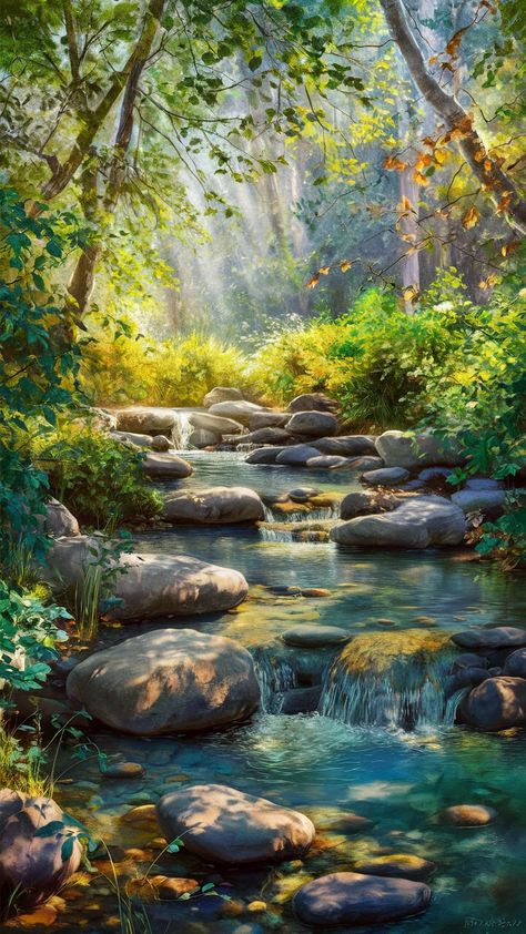 Stream Wallpaper, Forest Streams, Woodland Stream, Greenery Wallpaper, Streams Of Water, Forest Stream, Dappled Sunlight, Inspired Wallpaper, Calming Sounds