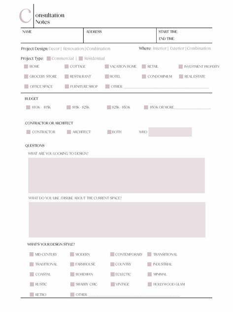 Interior design client consultation fillable form. This form is a fillable client questionnaire for design projects. You can collect client details such as:  Interior Design Style Design Budget  Colour selection Design Space  Renovations Properties  Contractor/ Architect Likes/Dislikes  Furniture selection  Design Finishes  AND MORE! Design Consultation Template, Graphic Designer Client Questionnaire, Interior Design Client Brief Template, Interior Design Client Questionnaire Template, Client Brief Architecture, Graphic Design Client Questionnaire, Interior Design Consultation Form, Client Questionnaire Templates, Interior Design Budget Template